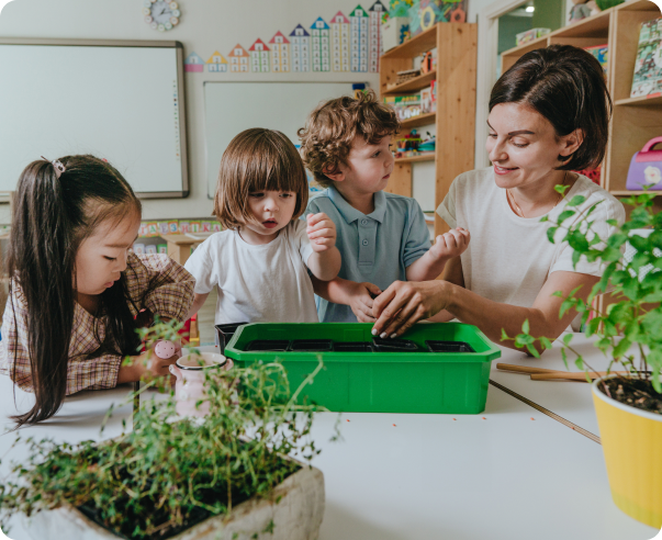 Kids learning about plants in classroom